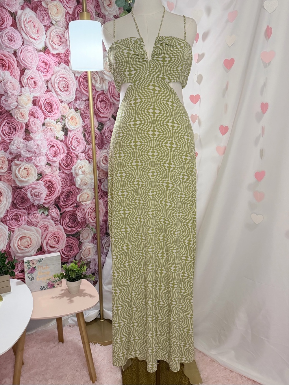 Wayf Olive Green Patterned Backless Cutout Maxi Dress